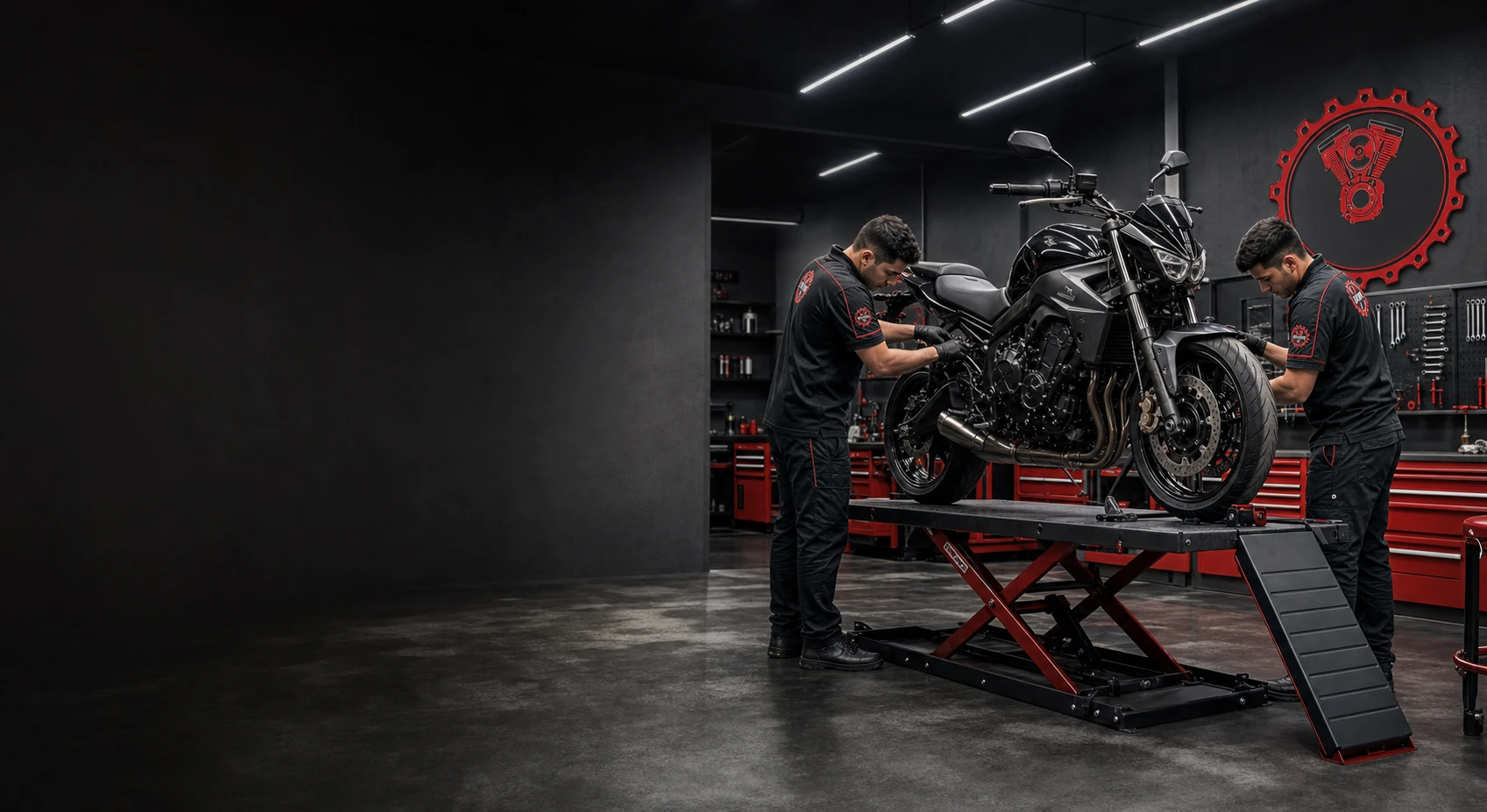 Oficina profissional de motos JTF Motors com equipe trabalhando